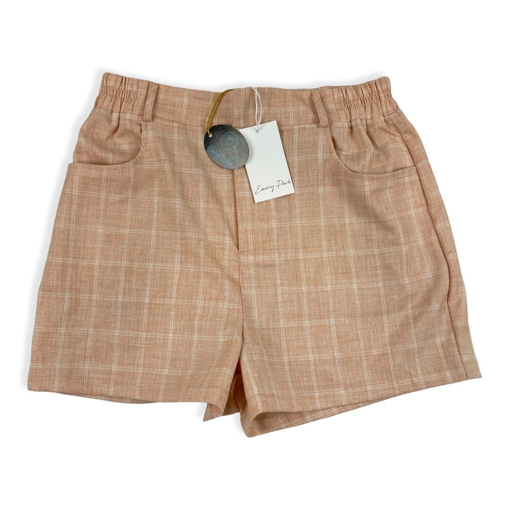 NWT Emory Park Peach Plaid Shorts Elastic Waist Sz M $44 Stretch High Waist